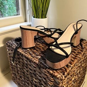 Black lace up wooden finish platform heels
